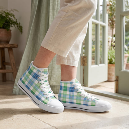 Spring Mist Plaid Ladies' High Top Sneakers — Spring garden-room doorway; cream limestone, sage French doors, linen curtain in breeze