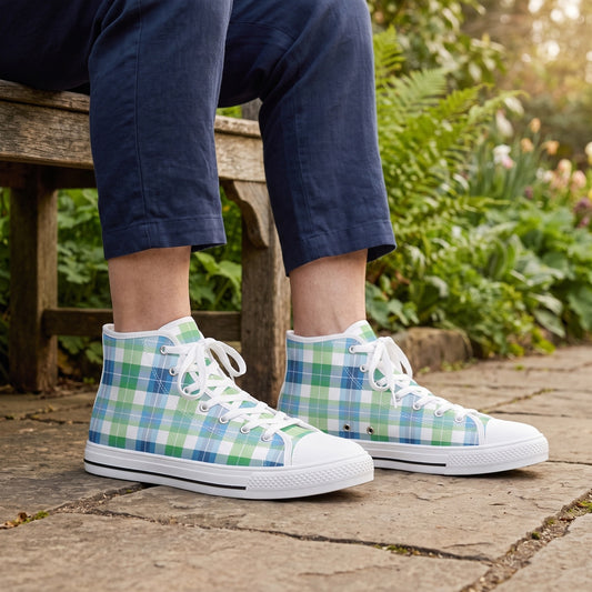 Spring Mist Plaid Men's High Top Sneakers. Lifestyle scene: Spring botanical park bench; dry flagstone, old timber seat, fresh greenery background