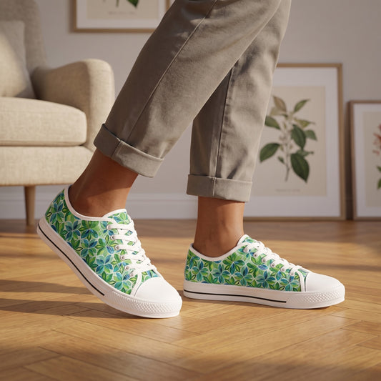 Spring Geo Flowers Ladies' Low Top Sneakers — Small botanical illustration gallery; honey parquet, oatmeal chair, morning sun
