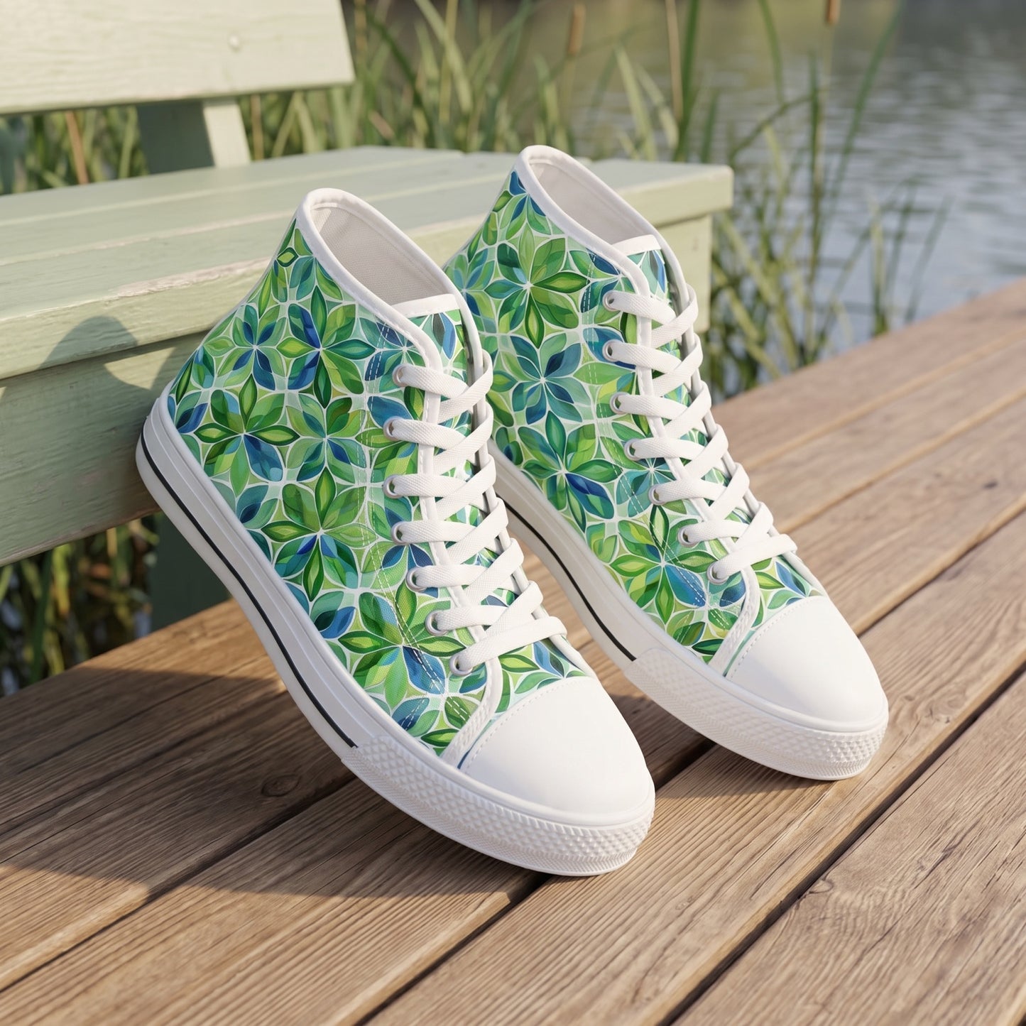 Spring Geo Flowers Ladies' High Top Sneakers — Spring lakeside boardwalk; smooth dry planks, pale green bench, reeds in background