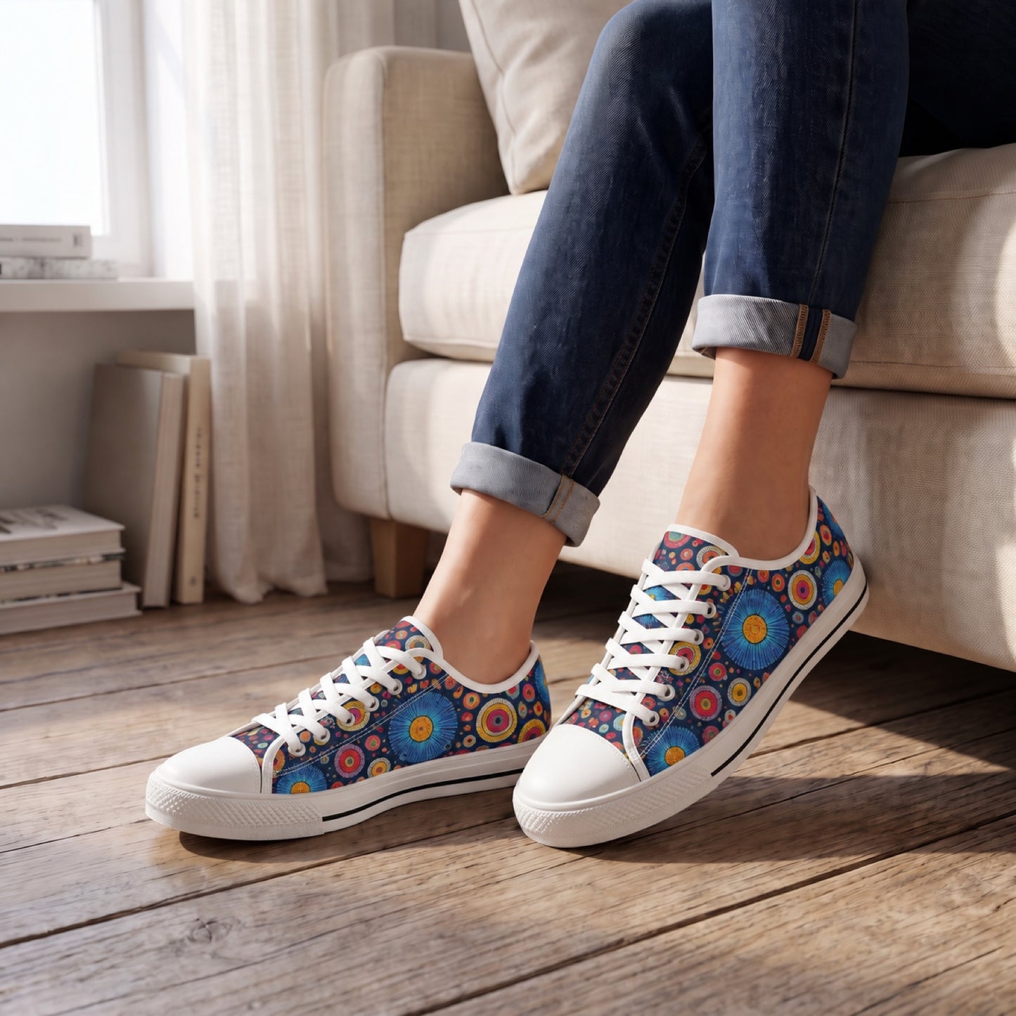 Primordial Space Life Ladies' Low Top Sneakers. Lifestyle scene: Book-filled studio window nook; weathered oak, cream linen lounge seat, daylight through sheer curtain