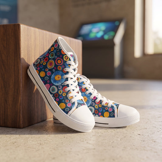 Primordial Space Life Ladies' High Top Sneakers — Coastal science museum lobby; pale concrete, walnut bench, softly blurred interactive exhibit