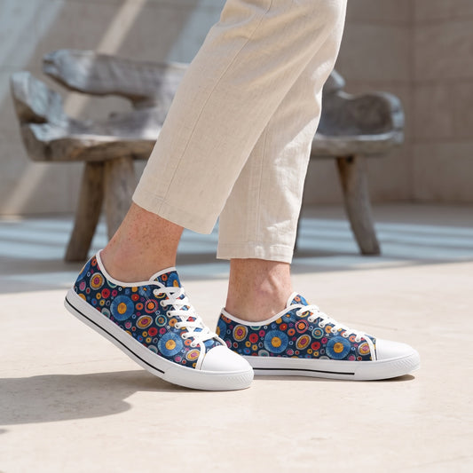 Primordial Space Life Men's Low Top Sneakers — Contemporary art courtyard; smooth cream stone, sculptural wood bench, airy blue shadows