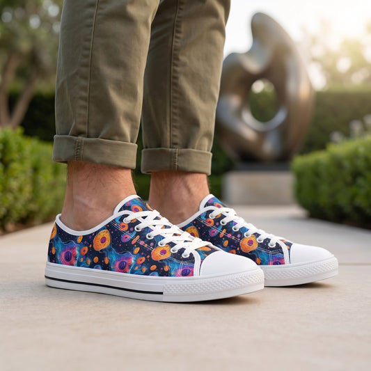 Birth of Celestial Life Men's Low Top Sneakers. Lifestyle scene: Contemporary sculpture garden