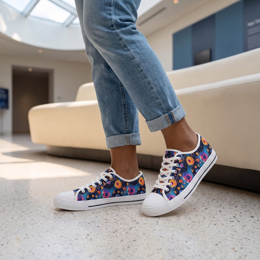 Birth of Celestial Life Ladies' Low Top Sneakers — Modern astronomy museum lounge; pale terrazzo, curving cream bench, skylight and quiet blue accents