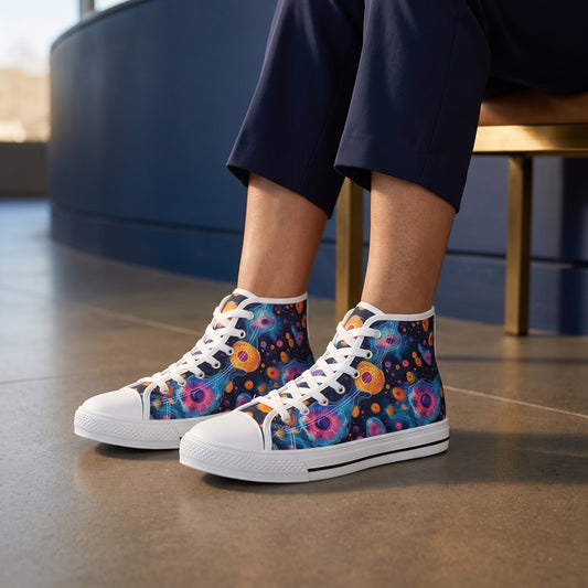 Birth of Celestial Life Ladies' High Top Sneakers. Lifestyle scene: Planetarium foyer break