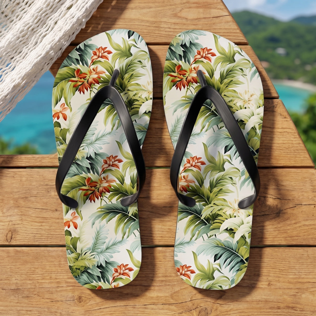 Tropical St. Lucia Palms Flip Flops. Lifestyle scene: Caribbean hillside villa deck; dry honey wood, white hammock edge, lush hills and sea blur