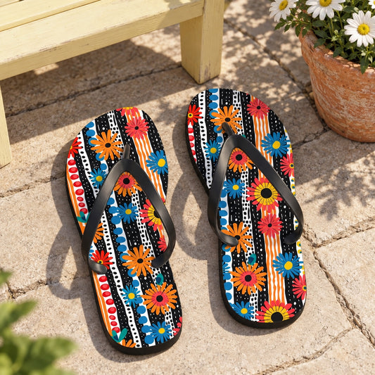 Striped Daisy Play Flip Flops. Lifestyle scene: Seaside garden picnic terrace; dry ivory pavers, pale yellow chair, daisy planter behind