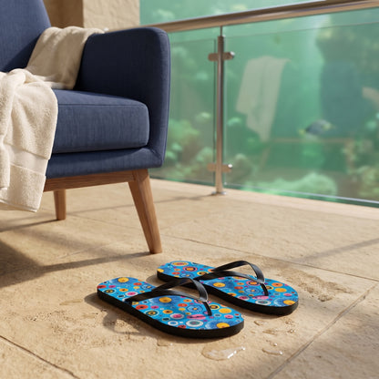 Primordial Sea Life Flip Flops. Lifestyle scene: Aquarium hotel balcony; dry sand-coloured stone, navy chair, soft green water view