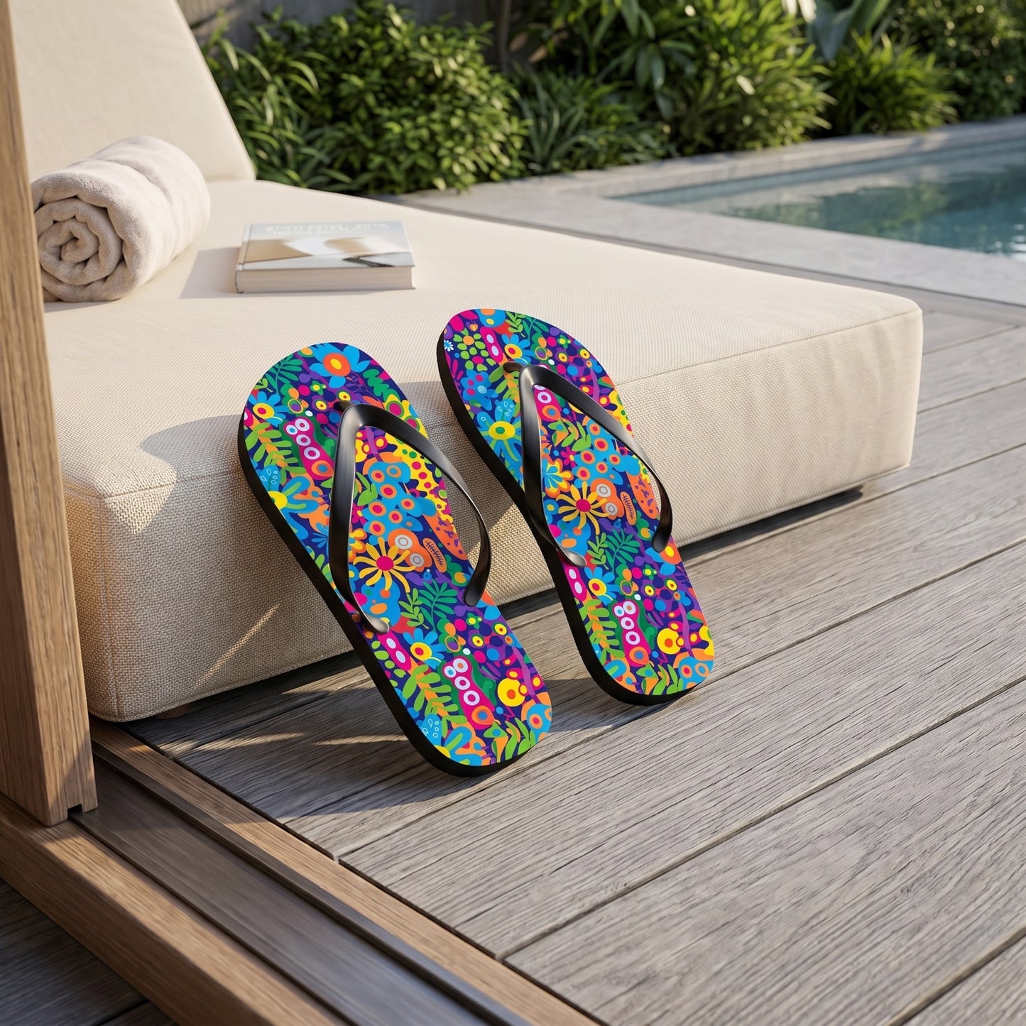 Groovy Garden Flip Flops. Lifestyle scene: Urban rooftop pool cabana; dry grey deck, cream daybed, green roof garden in background