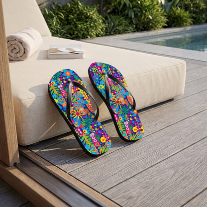 Groovy Garden Flip Flops. Lifestyle scene: Urban rooftop pool cabana; dry grey deck, cream daybed, green roof garden in background