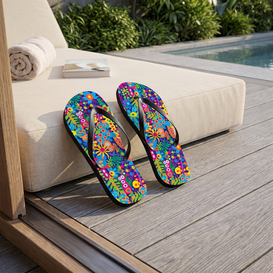 Groovy Garden Flip Flops. Lifestyle scene: Urban rooftop pool cabana; dry grey deck, cream daybed, green roof garden in background