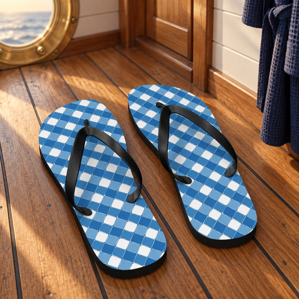 Modern Blue Ribbon Flip Flops. Lifestyle scene: Sailing holiday cabin entry; dry warm wood floor, navy robe on hook, round window glow