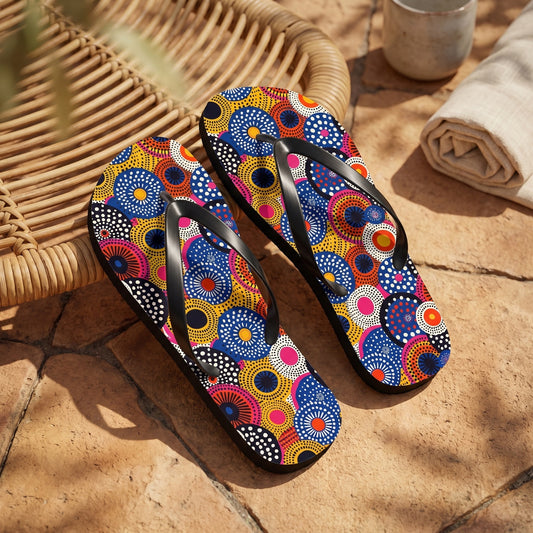 Ethnic Circle Pop Flip Flops. Lifestyle scene: Artist retreat courtyard pool; dry ochre pavers, curved woven chair, soft sun patterns