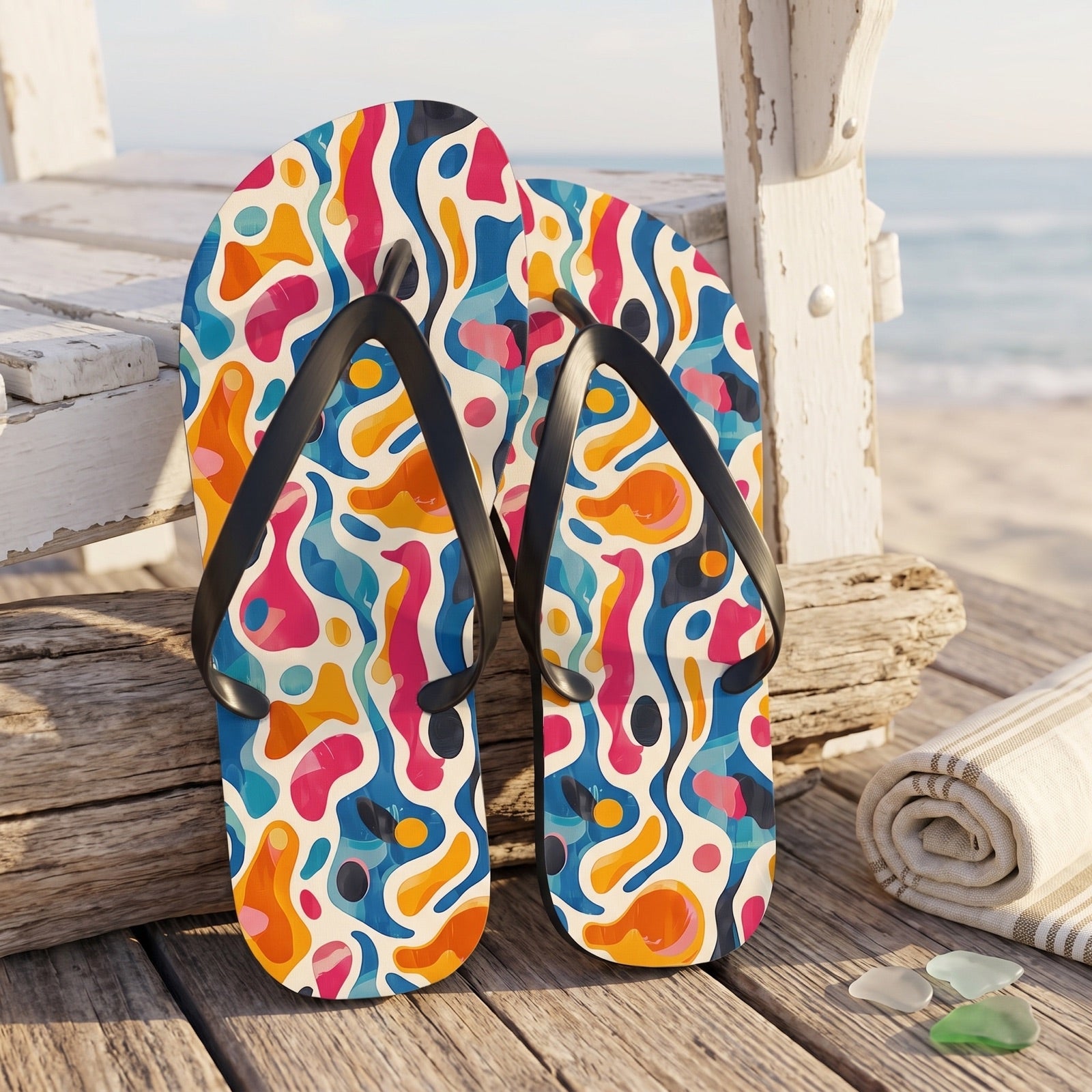 Oceanic Color Splash Flip Flops. Lifestyle scene: Seaside cottage deck after a swim; dry driftwood boards, white chair, soft ocean horizon