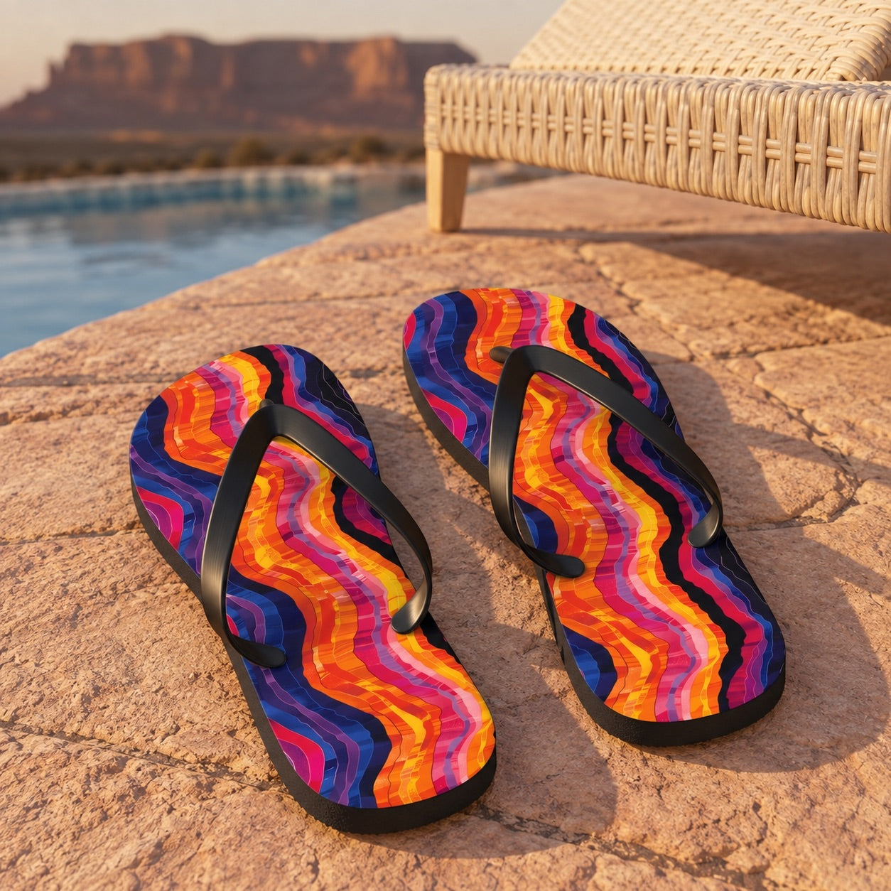 Desert Sunset Waves Flip Flops. Lifestyle scene: Desert sunset plunge-pool terrace; dry peach stone, cream chair, distant mesa silhouette