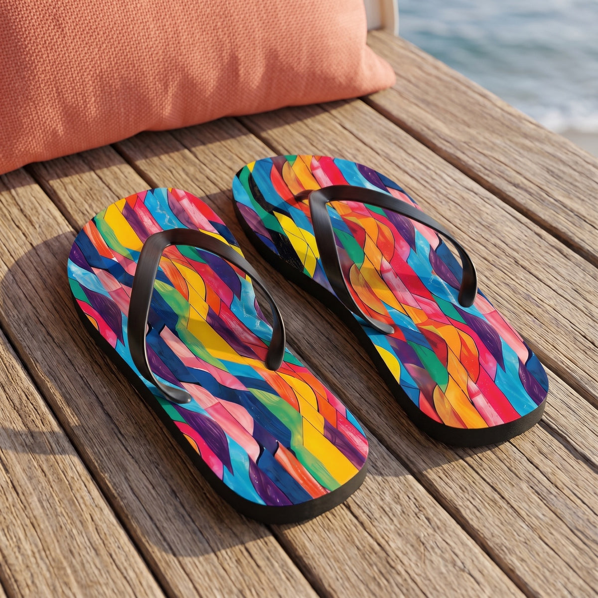 Retro Ripples Flip Flops. Lifestyle scene: Vintage coastal caravan veranda; dry teak boards, coral cushion behind, open sea breeze