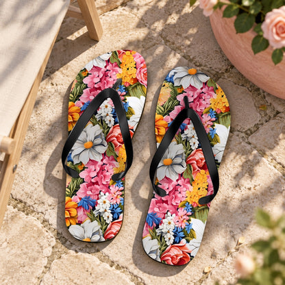 Chic Floral Flip Flops. Lifestyle scene: Coastal rose-garden terrace; pale flagstones, canvas deck chair, soft rose-colour planter