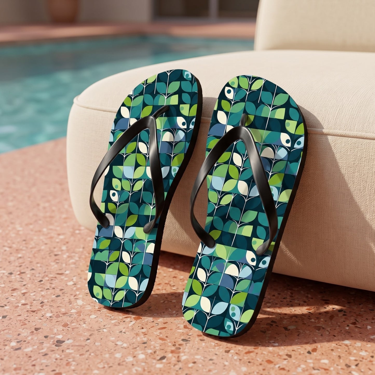1960s Groovy Mod Flip Flops. Lifestyle scene: Midcentury pool house; dry coral terrazzo, curved cream seat, turquoise swimming pool blur