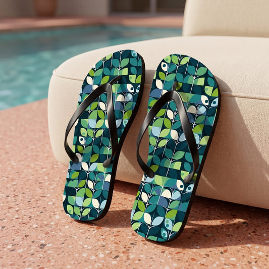 1960s Groovy Mod Flip Flops. Lifestyle scene: Midcentury pool house; dry coral terrazzo, curved cream seat, turquoise swimming pool blur