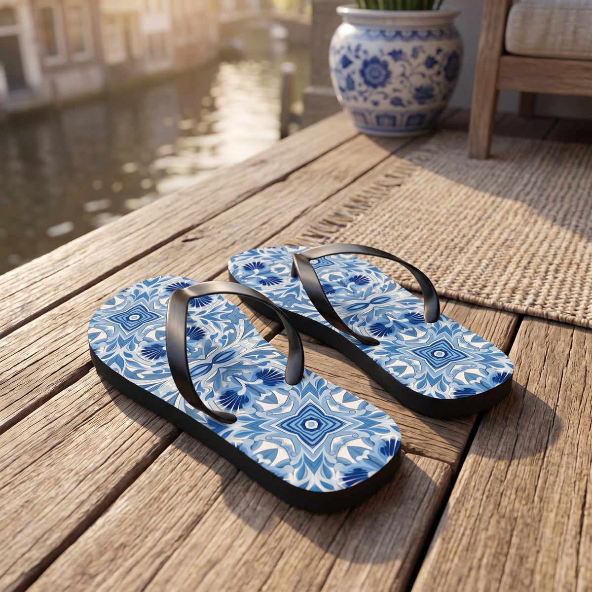 Dutch Blue Tile Flip Flops. Lifestyle scene: Dutch canal holiday rental balcony; dry oak boards, blue-and-white pot, soft waterfront blur