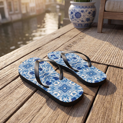 Dutch Blue Tile Flip Flops. Lifestyle scene: Dutch canal holiday rental balcony; dry oak boards, blue-and-white pot, soft waterfront blur