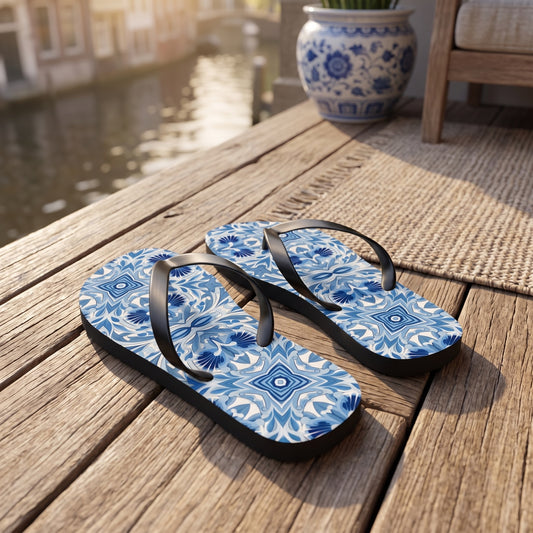 Dutch Blue Tile Flip Flops. Lifestyle scene: Dutch canal holiday rental balcony; dry oak boards, blue-and-white pot, soft waterfront blur