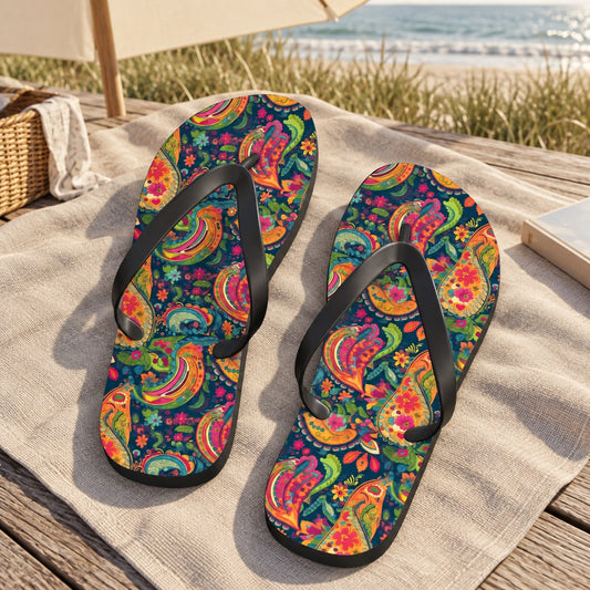 Psychedelic Paisley Party Flip Flops. Lifestyle scene: Paisley-lined beach umbrella picnic spot; dry timber platform, plain linen blanket, grassy dunes