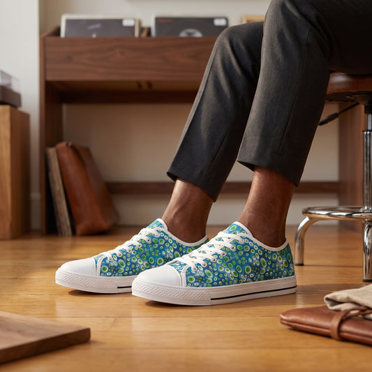 Embryonic Space Pods Men's Low Top Sneakers. Lifestyle scene: Independent record store listening corner