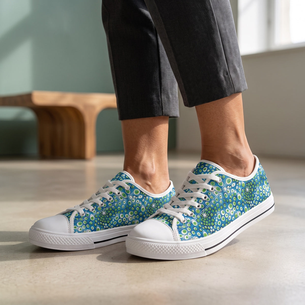 Embryonic Space Pods Ladies' Low Top Sneakers. Lifestyle scene: Design museum afternoon