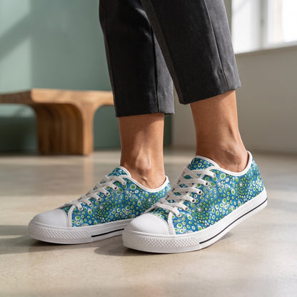 Embryonic Space Pods Ladies' Low Top Sneakers. Lifestyle scene: Design museum afternoon