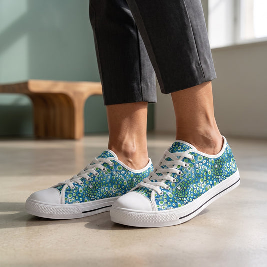 Embryonic Space Pods Ladies' Low Top Sneakers. Lifestyle scene: Design museum afternoon