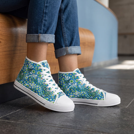 Embryonic Space Pods Ladies' High Top Sneakers — Planetarium lobby on a daytime outing; charcoal stone, curved wood bench, soft blue architectural accent