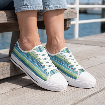 Ocean Whisper Stripes Ladies' Low Top Sneakers. Lifestyle scene: Harbor breakfast promenade