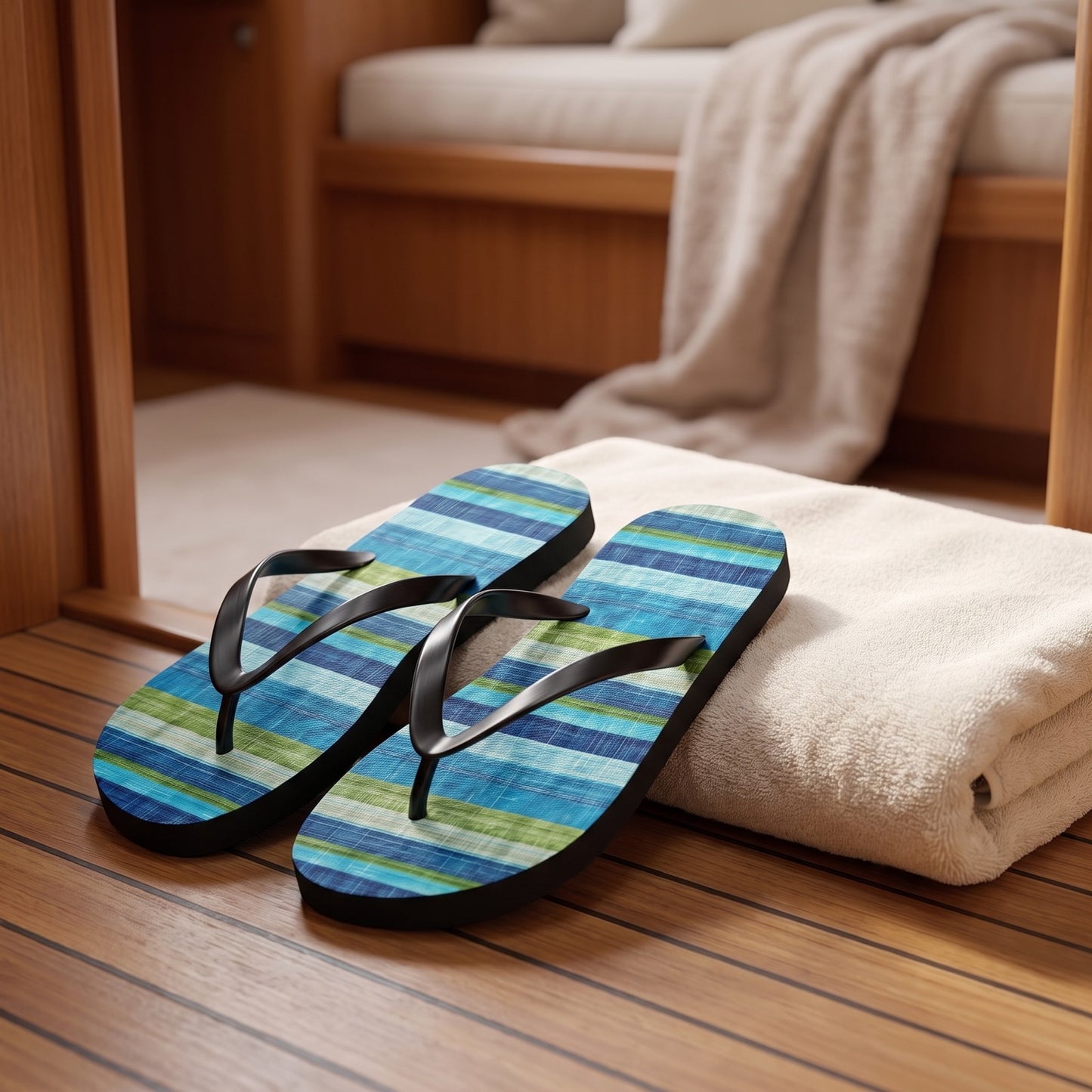 Ocean Whisper Stripes Flip Flops. Lifestyle scene: Quiet yacht guest-cabin threshold; dry teak interior floor, folded plain towel, soft harbour light