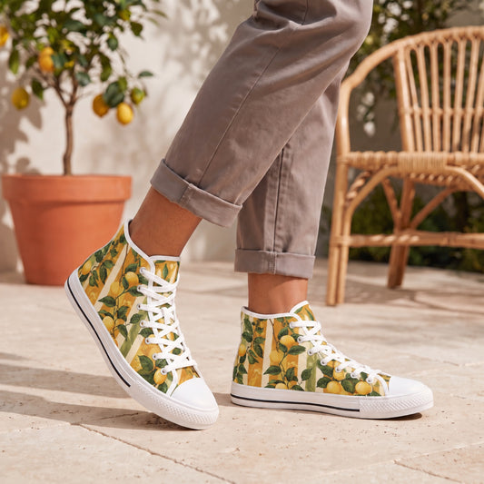 Lemon Grove Elegance Ladies' High Top Sneakers. Lifestyle scene: Citrus courtyard; cream travertine, terracotta lemon tree, woven chair in soft sun