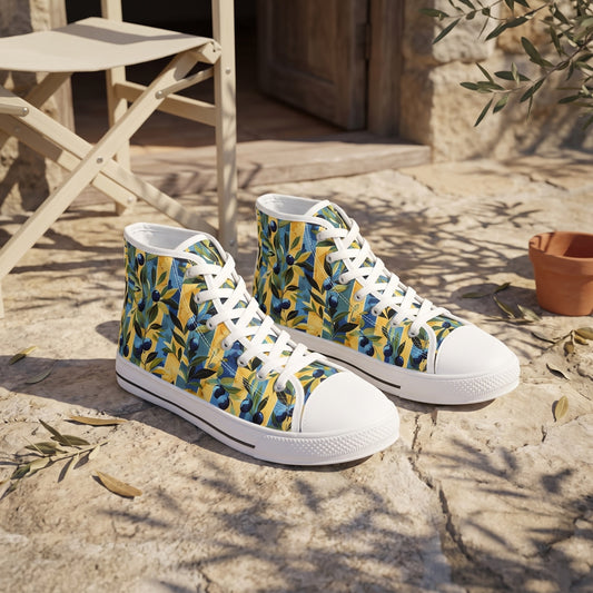 Olive Orchard Stripes Ladies' High Top Sneakers — Olive-grove tasting terrace; limestone floor, olive leaf shadows, pale canvas director chair