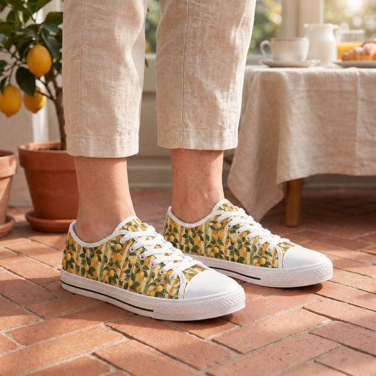 Lemon Grove Elegance Ladies' Low Top Sneakers. Lifestyle scene: Citrus conservatory morning