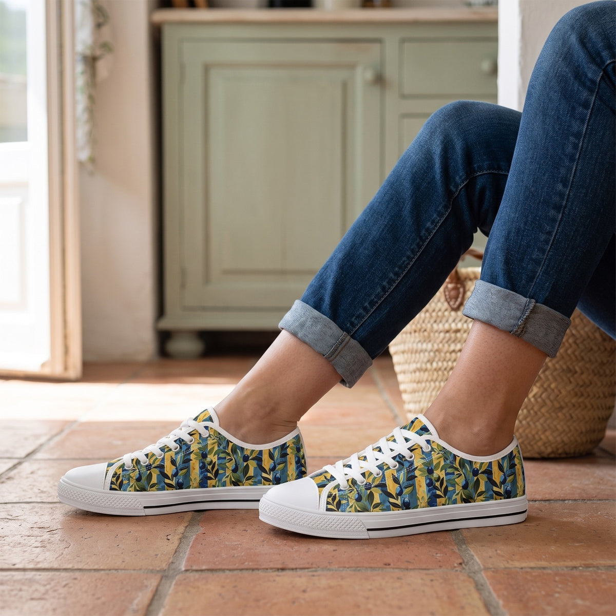 Olive Orchard Stripes Ladies' Low Top Sneakers — Mediterranean cottage kitchen doorway; terracotta tiles, sage painted cabinet blur, wicker market basket