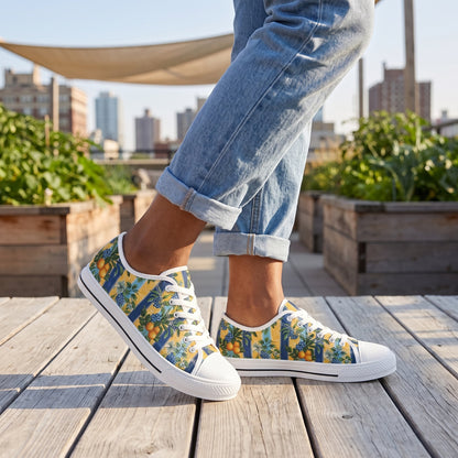 Sunny Orchard Stripes Ladies' Low Top Sneakers — Sunny urban roof garden; bleached decking, raised planters, canvas sunshade, clear afternoon