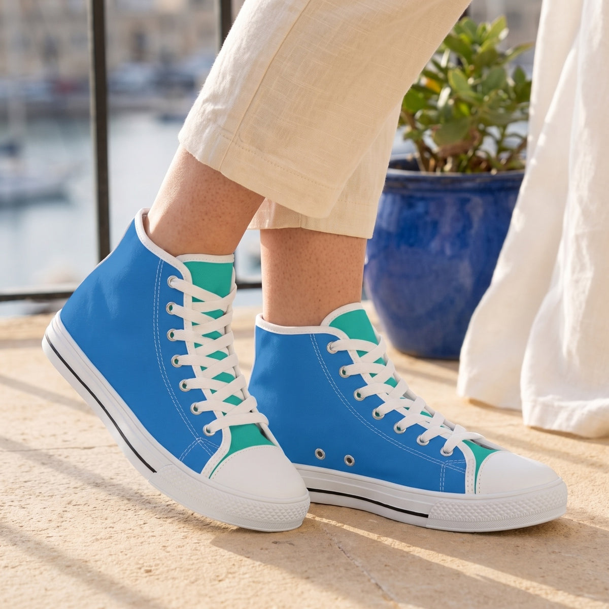 Blue Paradise Ladies' Two-Tone High Top Sneakers — Harbour-view apartment balcony; dry limestone, cobalt ceramic pot, white linen drape