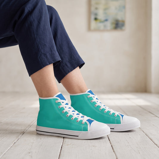 Turquoise Reef Ladies' Two-Tone High Top Sneakers — Seaside art gallery; whitewashed floor, limewash wall, small abstract painting in distance