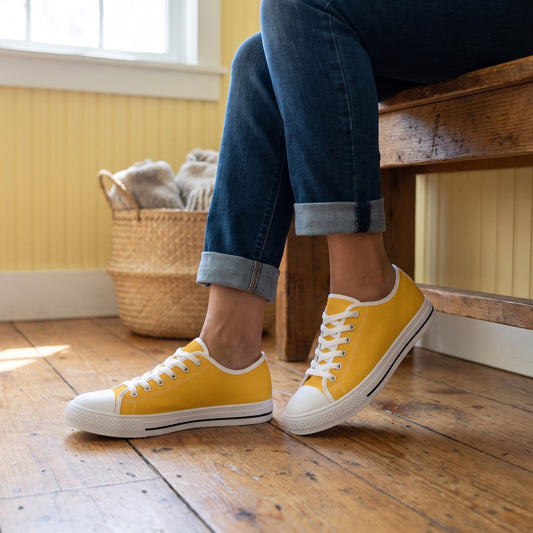 Buttercup Ladies' Two-Tone Low Top Sneakers — Cottage mudroom after market; reclaimed pine floor, butter-yellow beadboard, woven basket