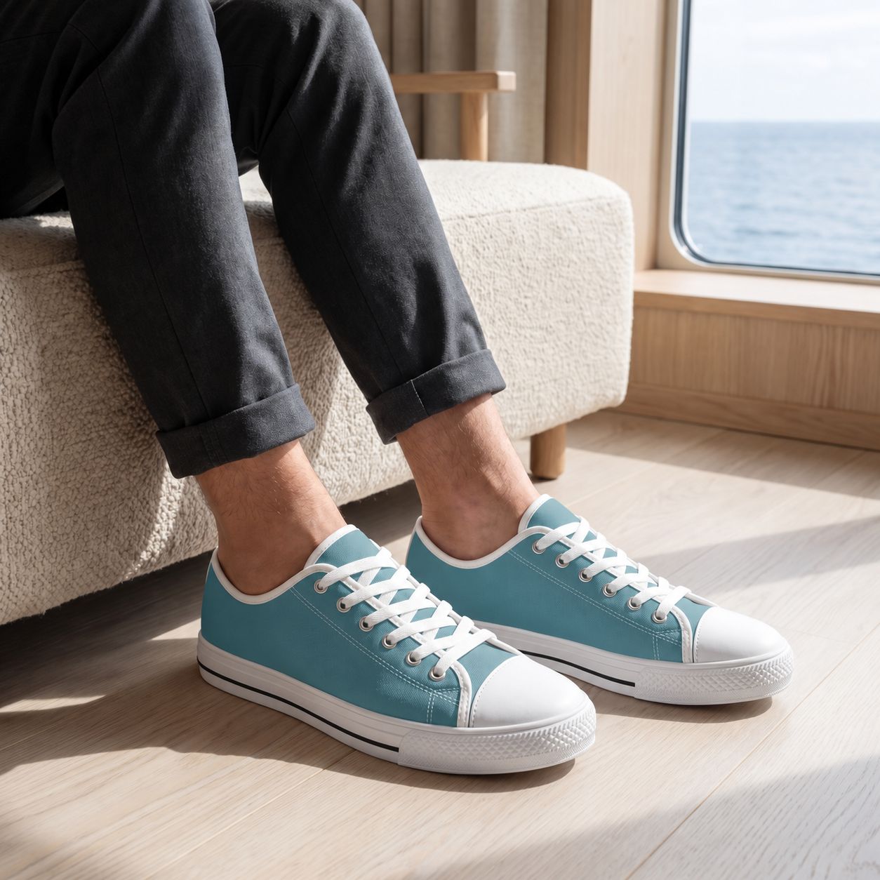 Arctic Ocean Men's Two-Tone Low Top Sneakers. Lifestyle scene: Scandinavian ferry lounge