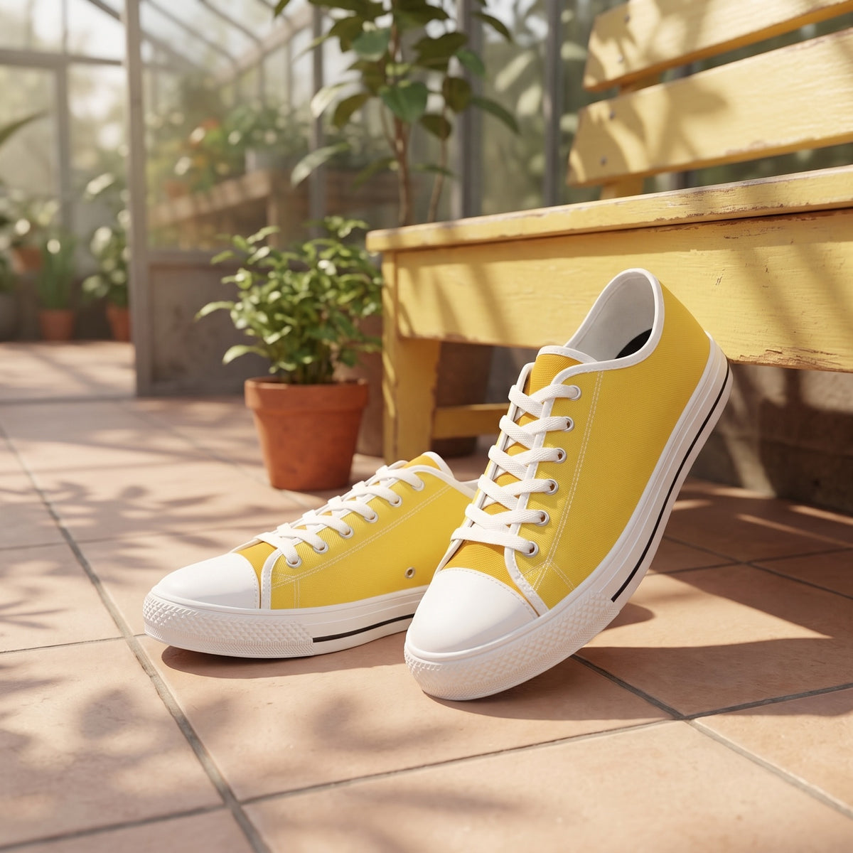Daffodil Men's Two-Tone Low Top Sneakers. Lifestyle scene: Sunny greenhouse walkway lounge; clean pale tiles, butter-yellow bench, diffuse leaf shadows