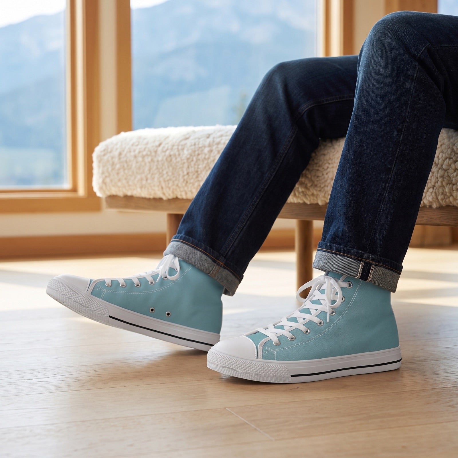 Glacial Ocean Men's Two-Tone High Top Sneakers. Lifestyle scene: Glacier-view lodge lounge; light ash floor, wool cushion on bench, blue mountain haze