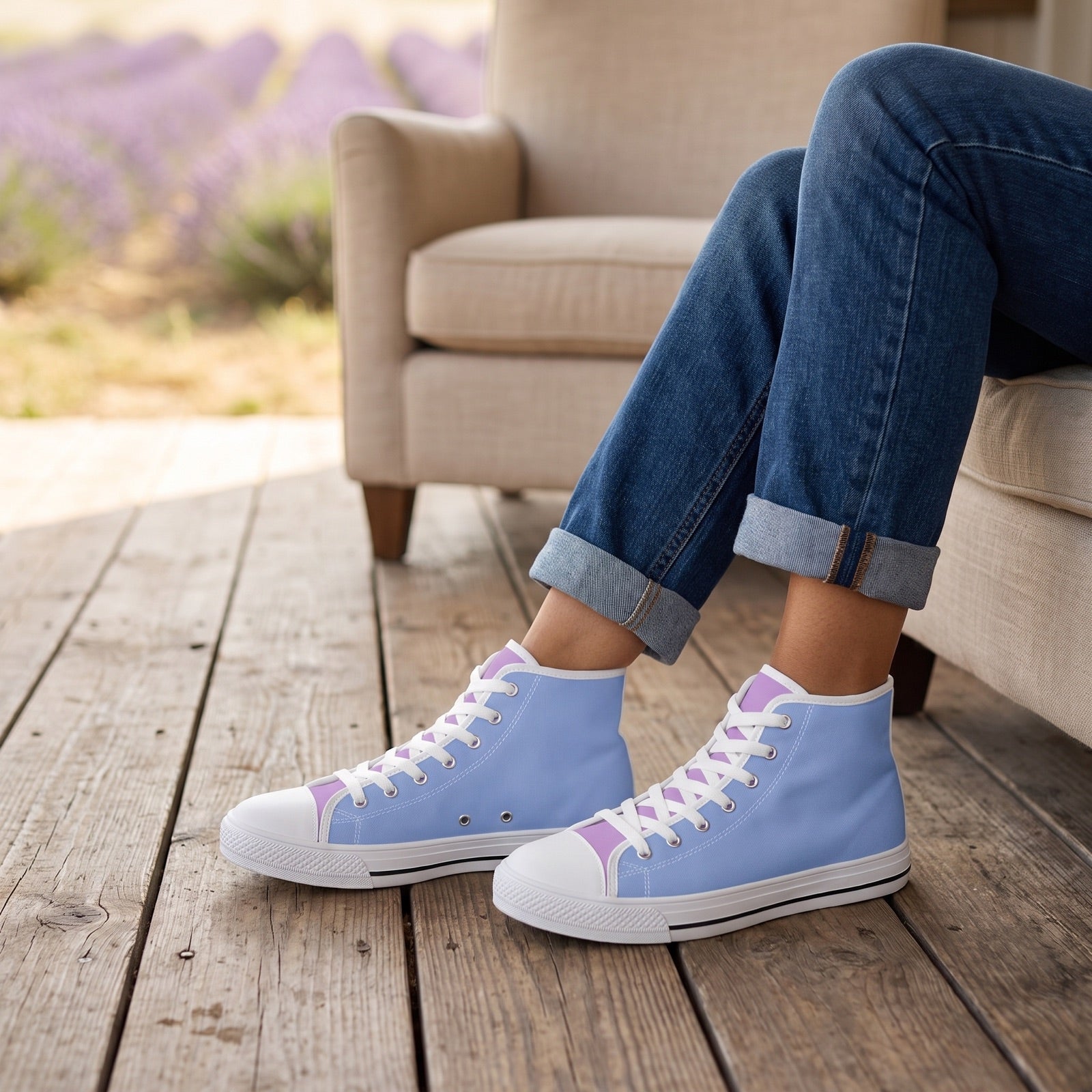Purple Daze Ladies' Two-Tone High Top Sneakers. Lifestyle scene: Lavender farm visitor lounge; weathered pine floor, plain linen chair, distant lavender rows