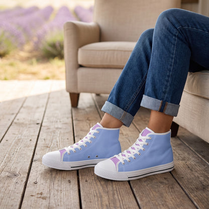 Purple Daze Ladies' Two-Tone High Top Sneakers. Lifestyle scene: Lavender farm visitor lounge; weathered pine floor, plain linen chair, distant lavender rows