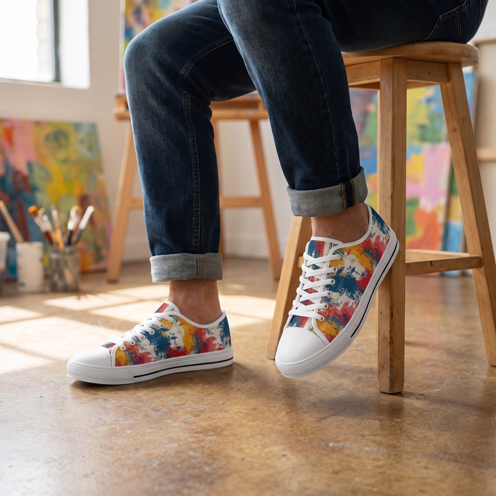 Paint Splash Palette Men's Low Top Sneakers — Creative studio on a Sunday; warm concrete, simple stool, colourful canvases softly distant