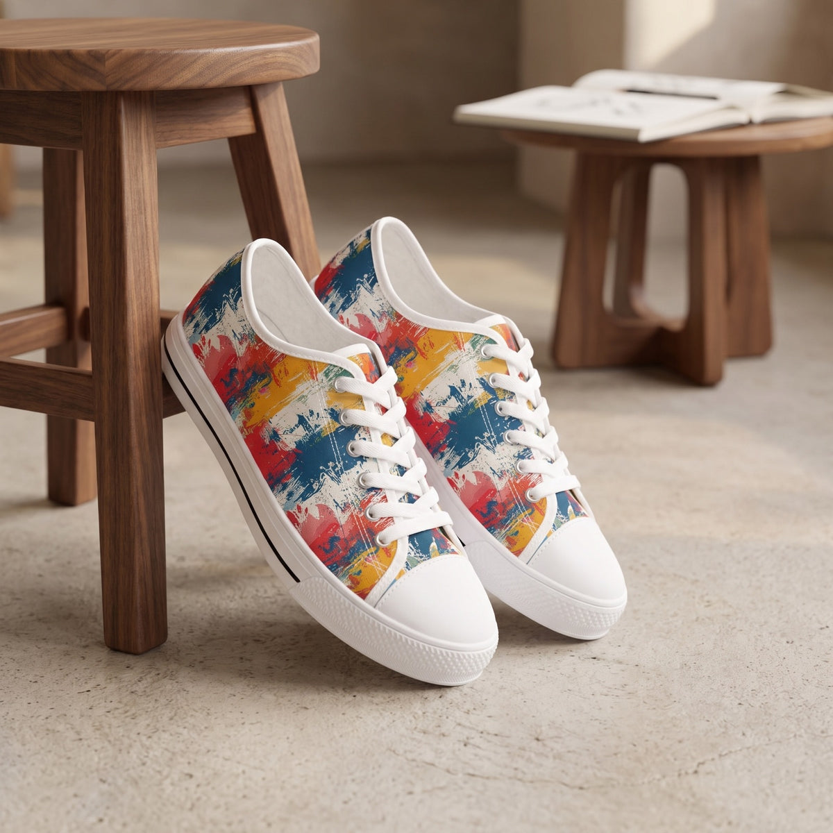 Paint Splash Palette Ladies' Low Top Sneakers — Creative co-working lounge; light concrete, walnut stool, sketchbook on distant side table